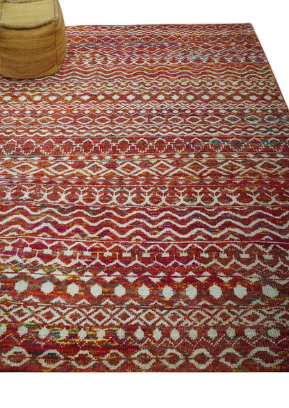 Hand Knotted Rust and Ivory Contemporary Southwestern Tribal Trellis Recycled Silk Rug.