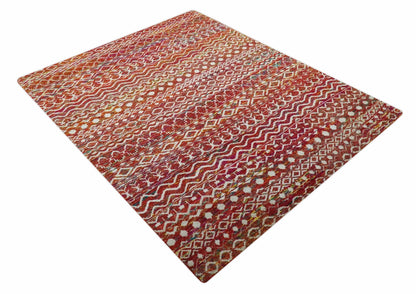 Hand Knotted Rust and Ivory Contemporary Southwestern Tribal Trellis Recycled Silk Rug.