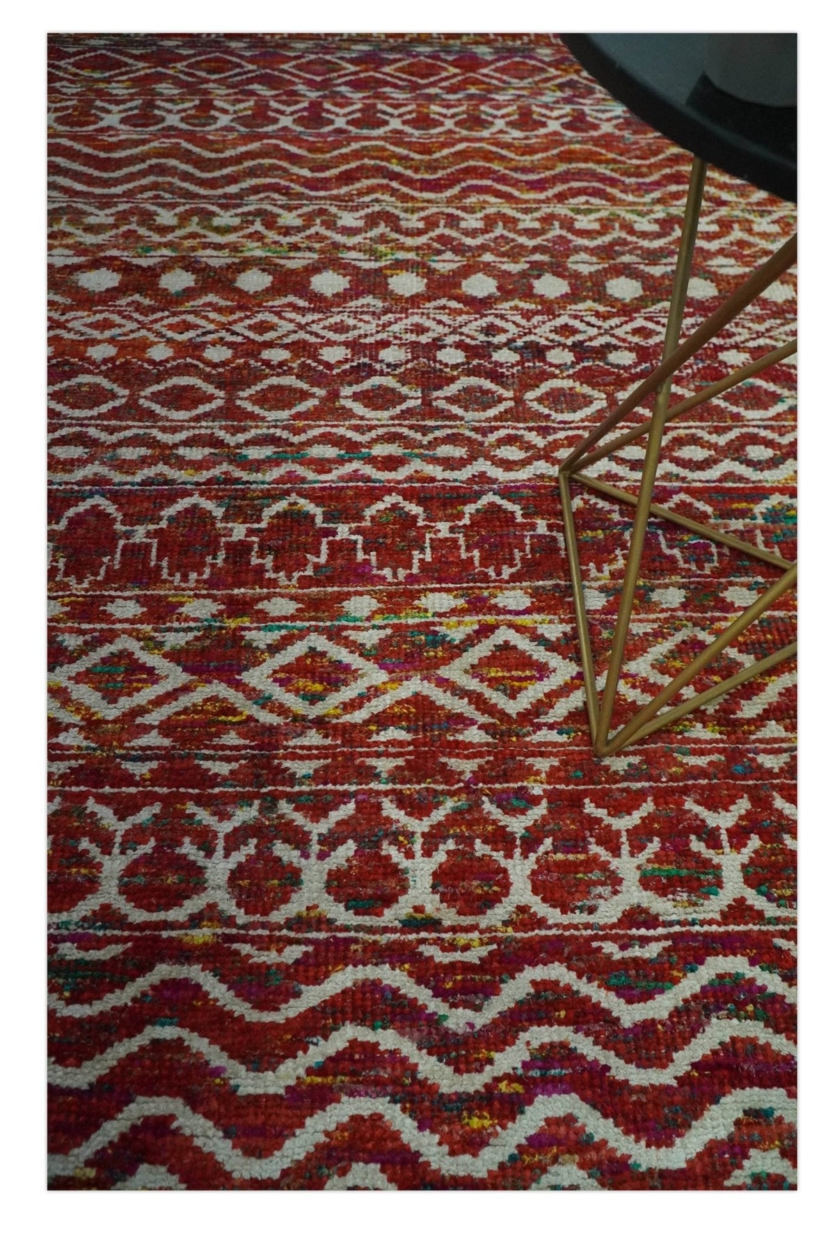 Hand Knotted Rust and Ivory Contemporary Southwestern Tribal Trellis Recycled Silk Rug.