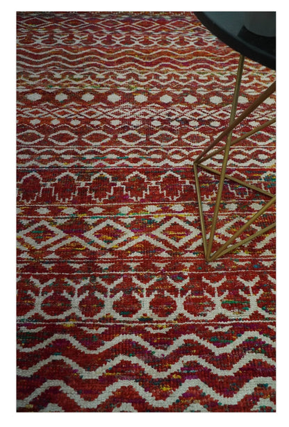 Hand Knotted Rust and Ivory Contemporary Southwestern Tribal Trellis Recycled Silk Rug.