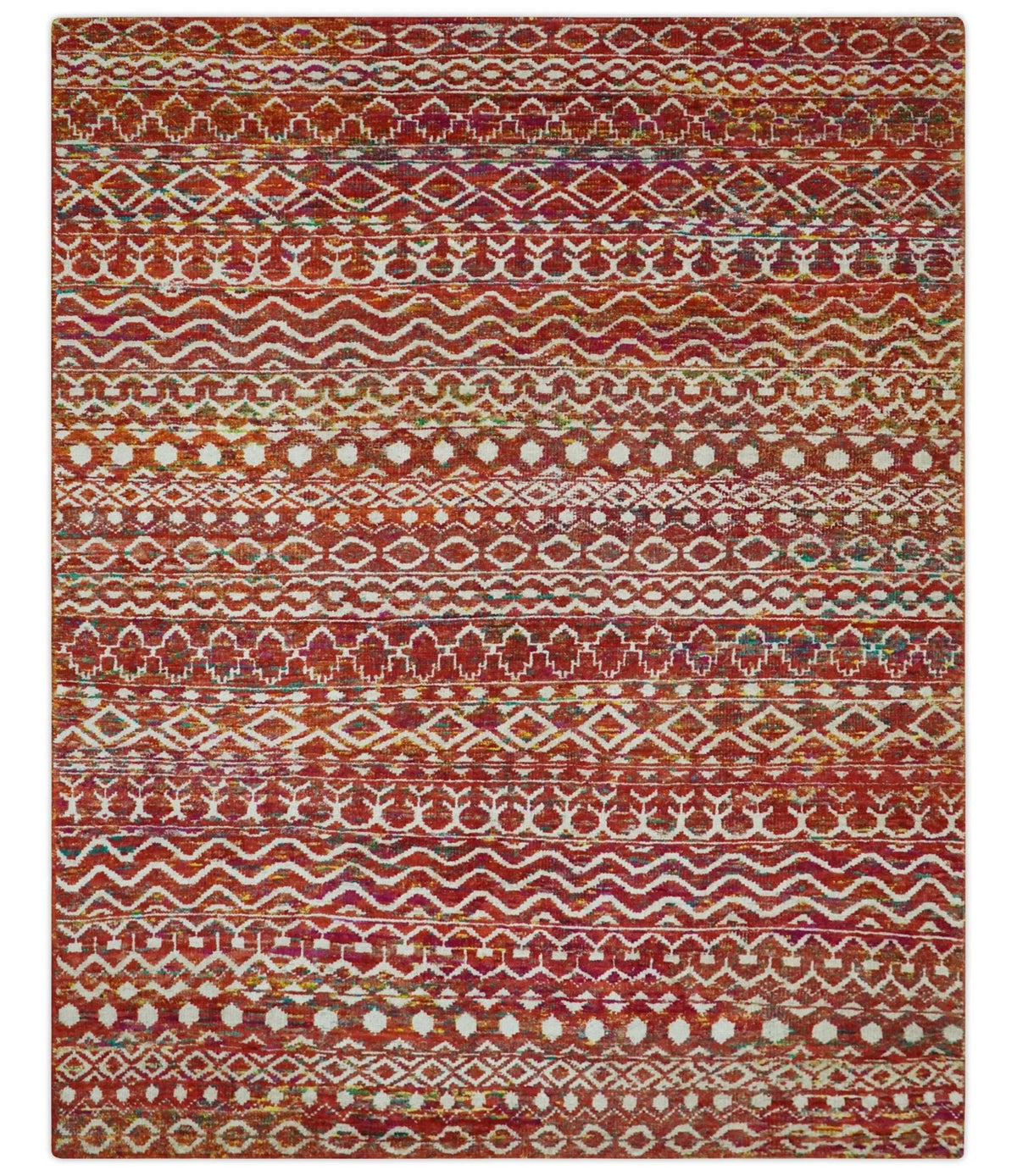 Hand Knotted Rust and Ivory Contemporary Southwestern Tribal Trellis Recycled Silk Rug.