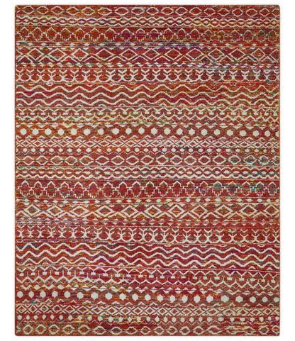 Hand Knotted Rust and Ivory Contemporary Southwestern Tribal Trellis Recycled Silk Rug.
