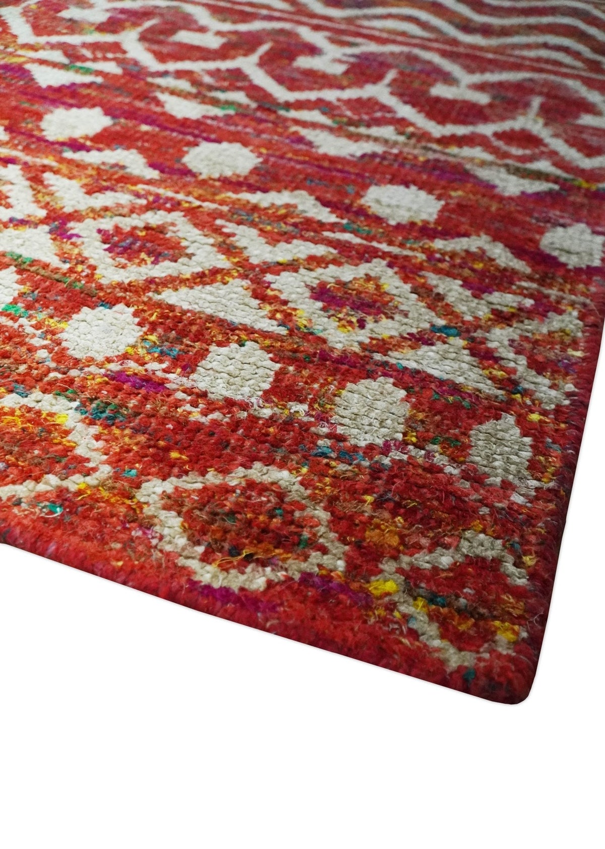Hand Knotted Rust and Ivory Contemporary Southwestern Tribal Trellis Recycled Silk Rug.