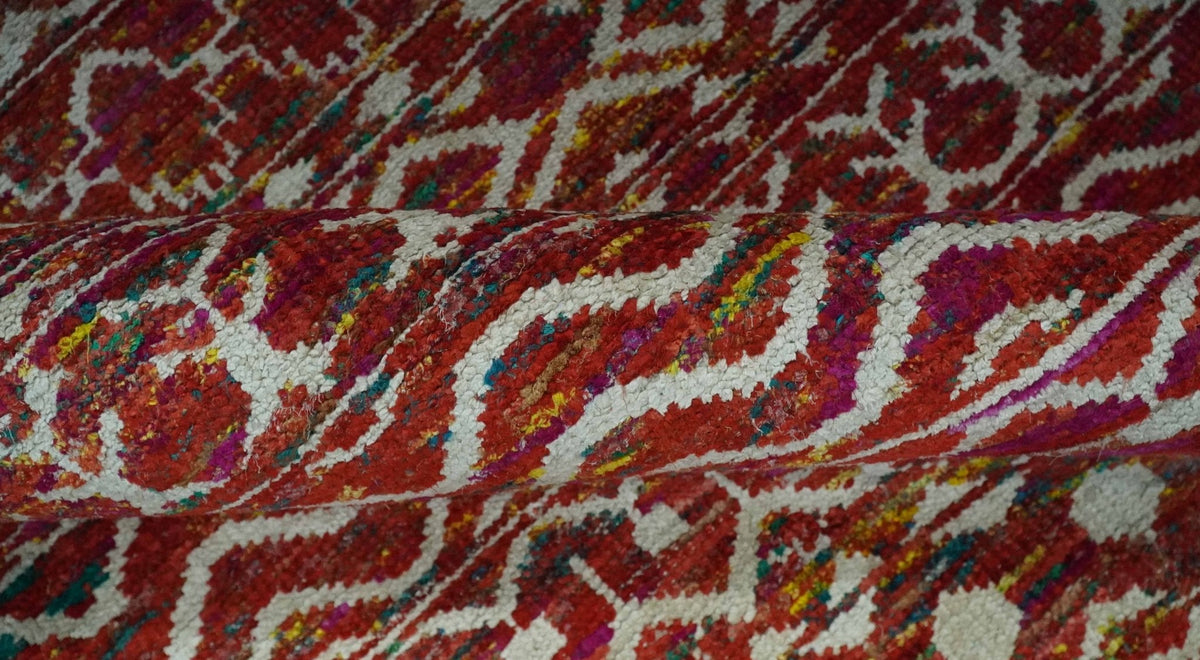 Hand Knotted Rust and Ivory Contemporary Southwestern Tribal Trellis Recycled Silk Rug.