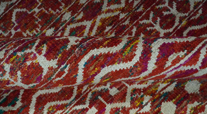 Hand Knotted Rust and Ivory Contemporary Southwestern Tribal Trellis Recycled Silk Rug.