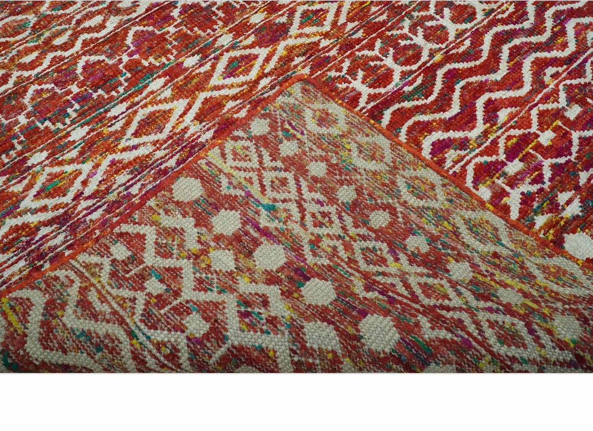 Hand Knotted Rust and Ivory Contemporary Southwestern Tribal Trellis Recycled Silk Rug.