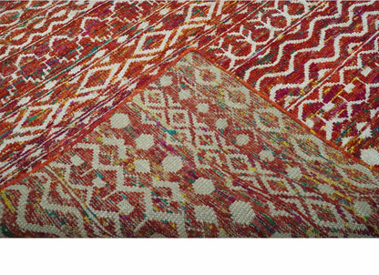 Hand Knotted Rust and Ivory Contemporary Southwestern Tribal Trellis Recycled Silk Rug.