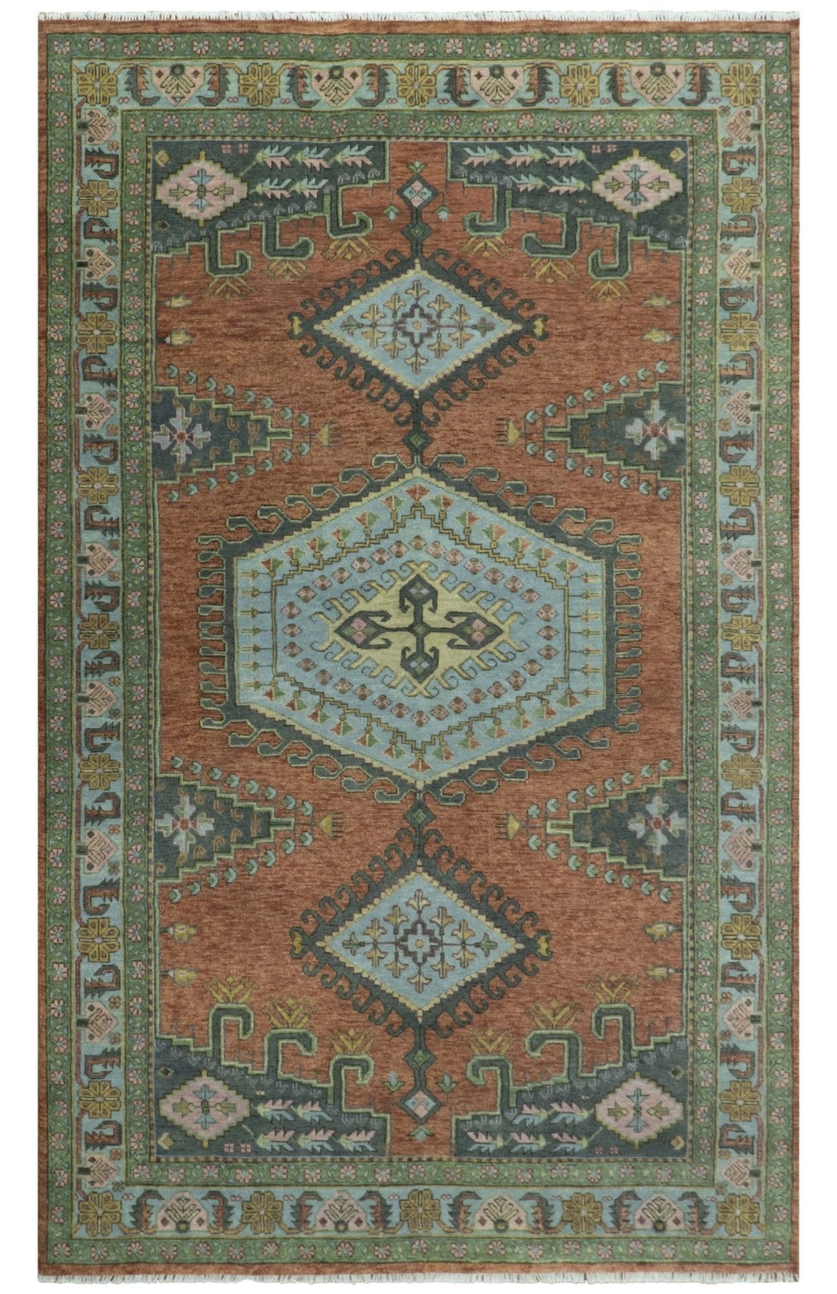 Custom Made Hand Knotted Red, Blue and Olive Traditional Antique Style Wool Rug.
