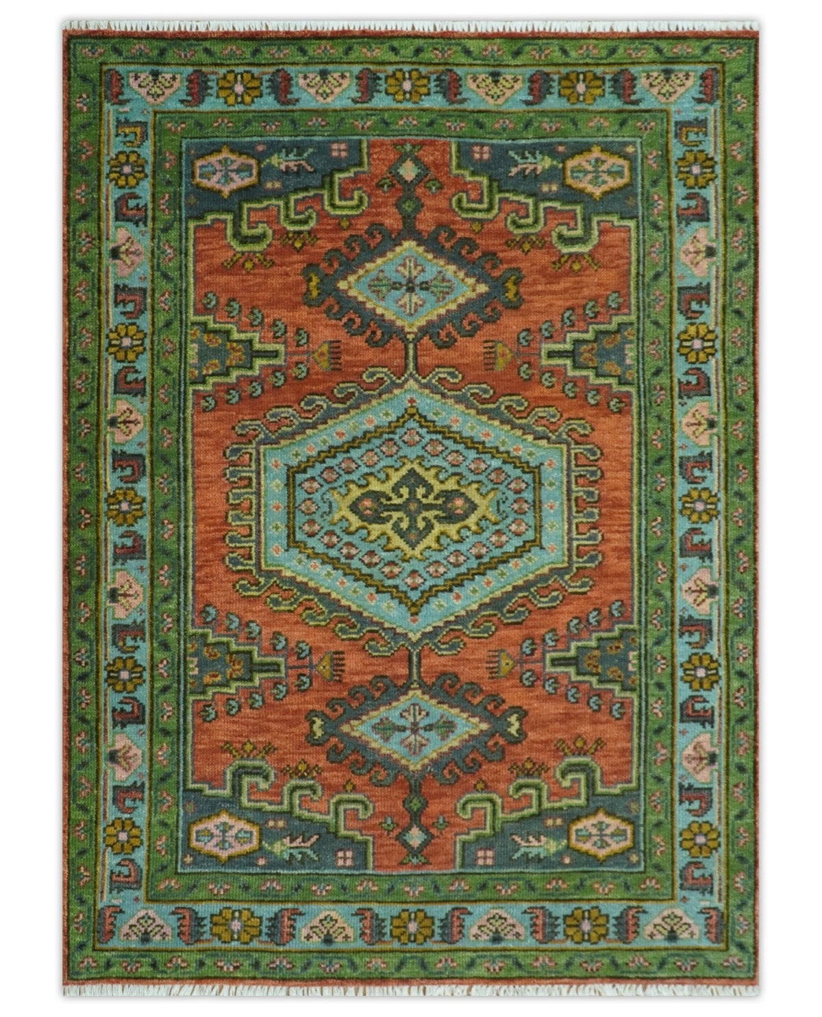 Custom Made Hand Knotted Red, Blue and Olive Traditional Antique Style Wool Rug.