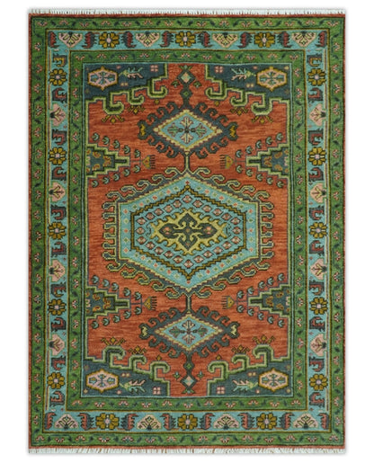 Custom Made Hand Knotted Red, Blue and Olive Traditional Antique Style Wool Rug.