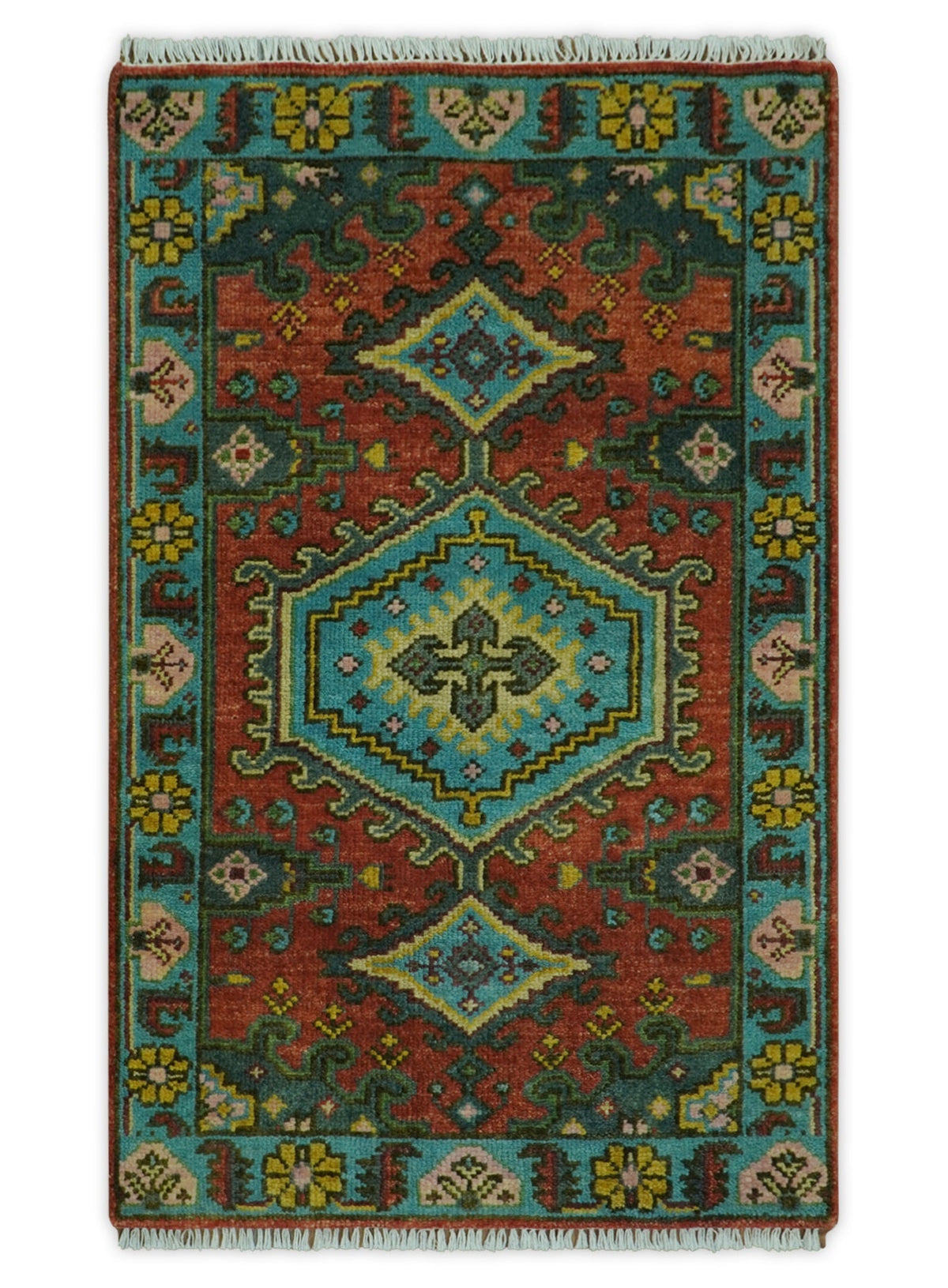 Custom Made Hand Knotted Red, Blue and Olive Traditional Antique Style Wool Rug.