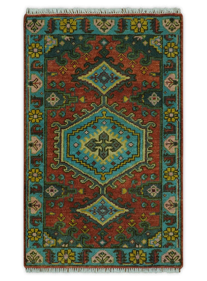 Custom Made Hand Knotted Red, Blue and Olive Traditional Antique Style Wool Rug.