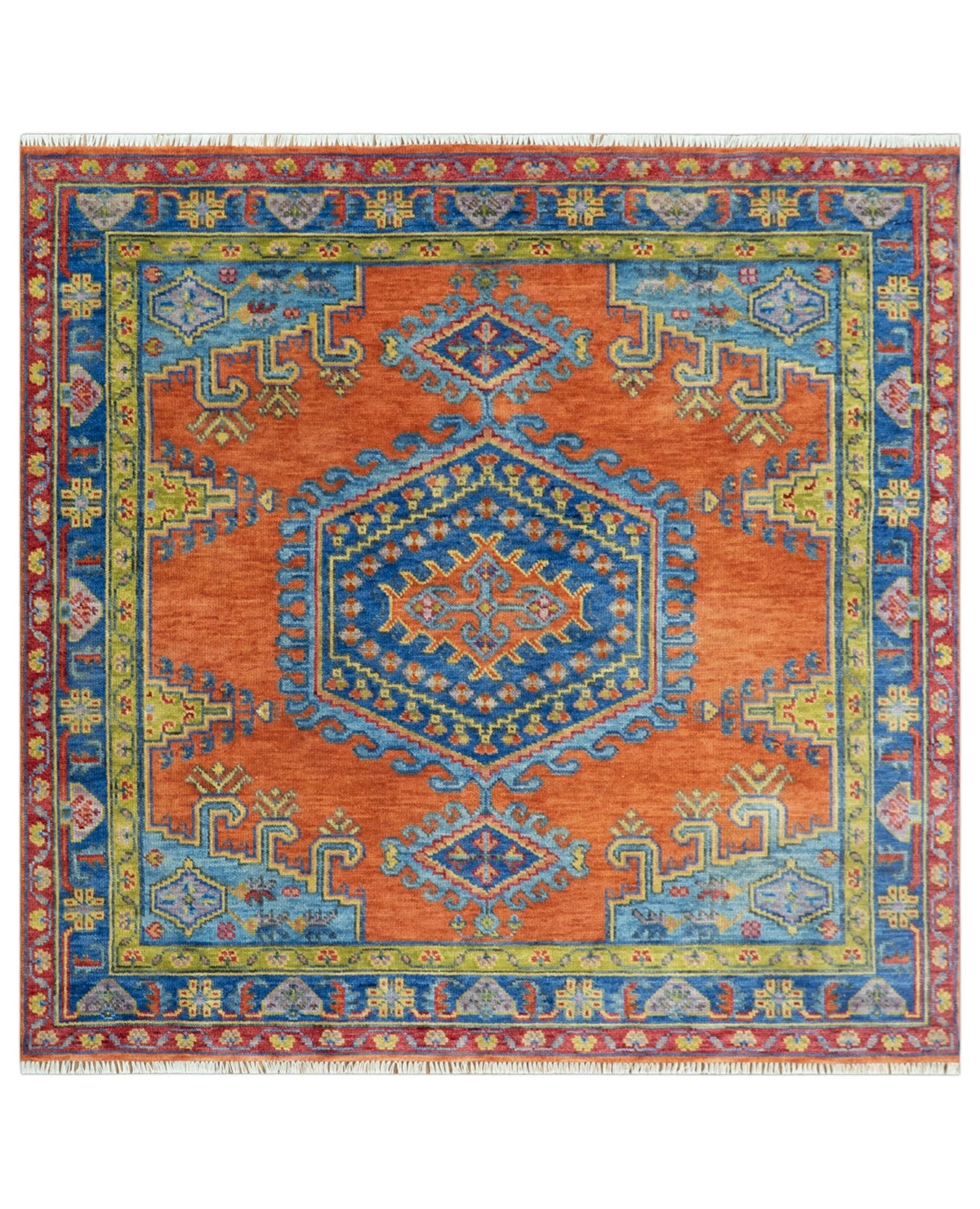 Hand Knotted Rust And Blue Traditional Multi Size Antique Wool Area Rug.
