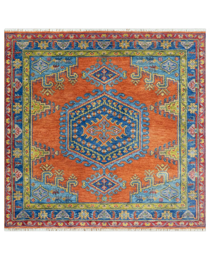 Hand Knotted Rust And Blue Traditional Multi Size Antique Wool Area Rug.