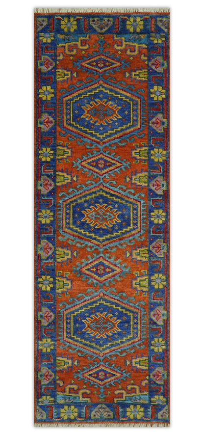 Hand Knotted Rust And Blue Traditional Multi Size Antique Wool Area Rug.