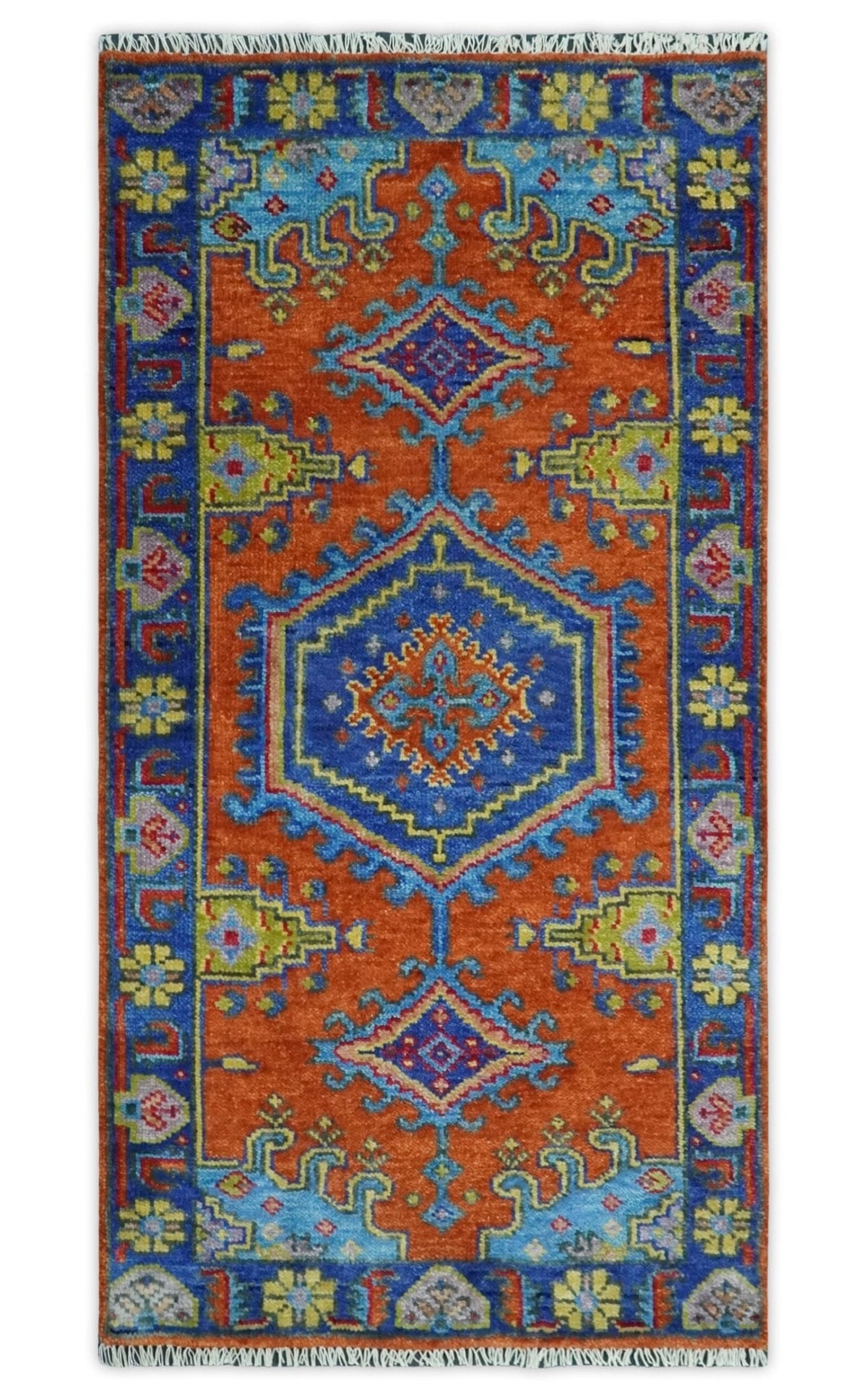 Hand Knotted Rust And Blue Traditional Multi Size Antique Wool Area Rug.