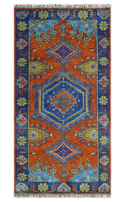 Hand Knotted Rust And Blue Traditional Multi Size Antique Wool Area Rug.