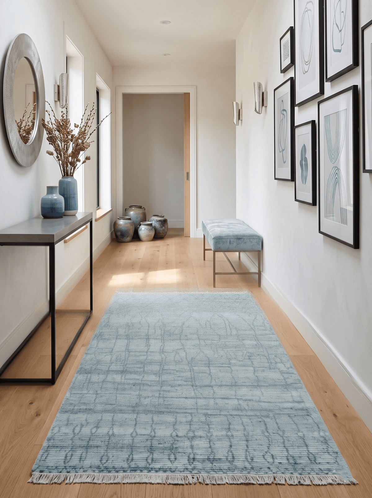 Hand Knotted Silver and Blue Modern Trellis Moroccan Blended Wool Rug.