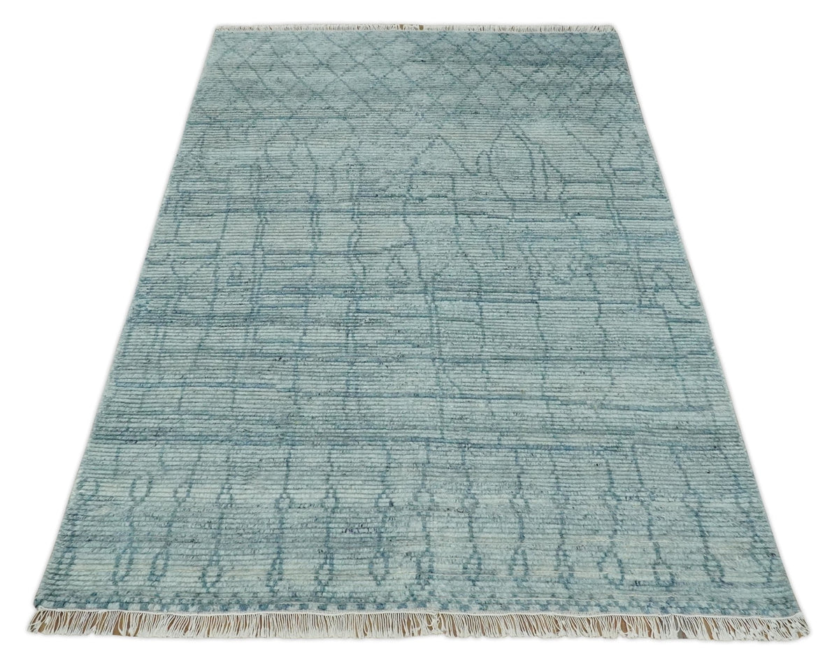 Hand Knotted Silver and Blue Modern Trellis Moroccan Blended Wool Rug.
