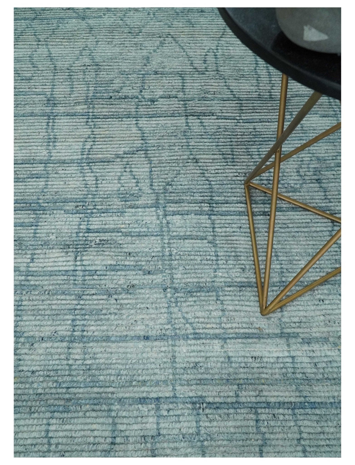 Hand Knotted Silver and Blue Modern Trellis Moroccan Blended Wool Rug.