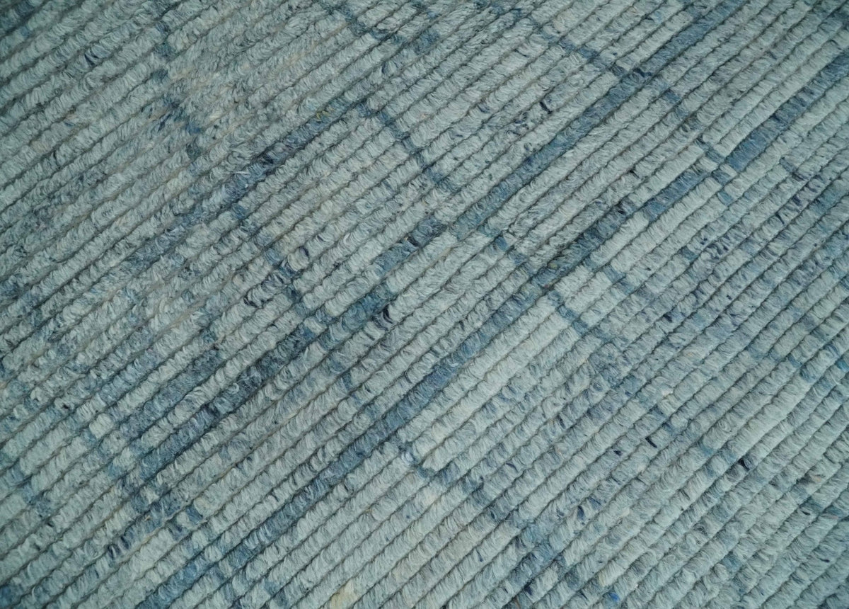 Hand Knotted Silver and Blue Modern Trellis Moroccan Blended Wool Rug.
