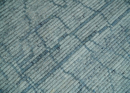 Hand Knotted Silver and Blue Modern Trellis Moroccan Blended Wool Rug.