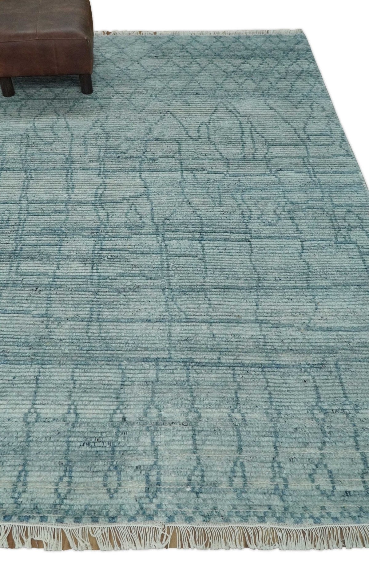 Hand Knotted Silver and Blue Modern Trellis Moroccan Blended Wool Rug.