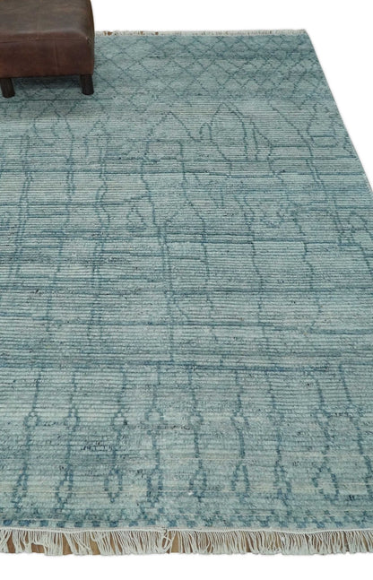 Hand Knotted Silver and Blue Modern Trellis Moroccan Blended Wool Rug.