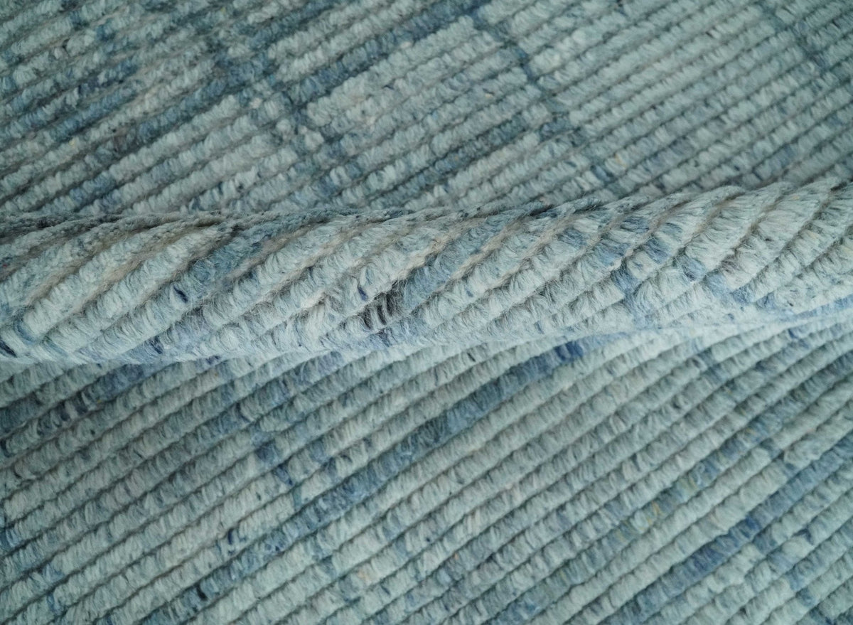 Hand Knotted Silver and Blue Modern Trellis Moroccan Blended Wool Rug.