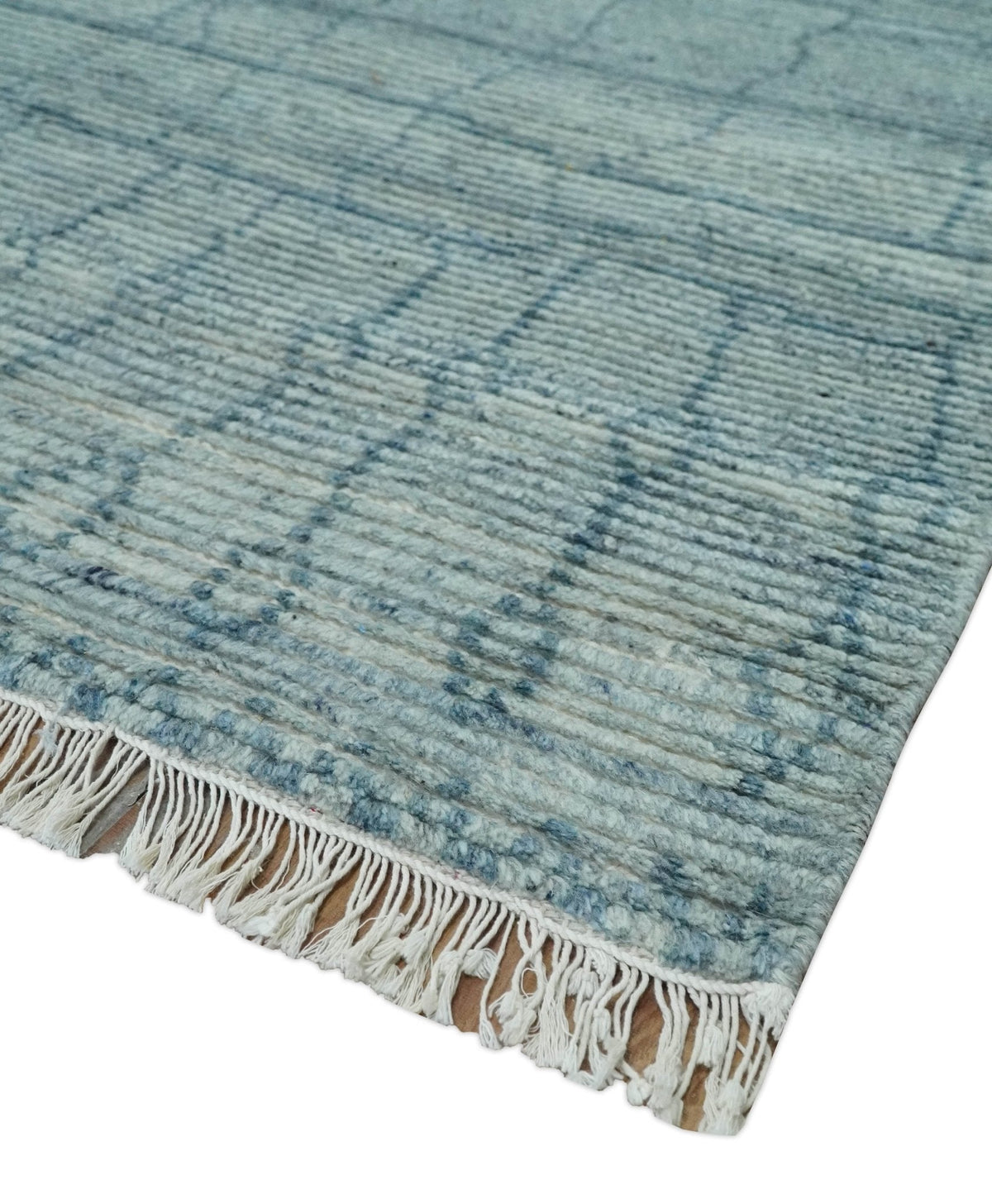 Hand Knotted Silver and Blue Modern Trellis Moroccan Blended Wool Rug.