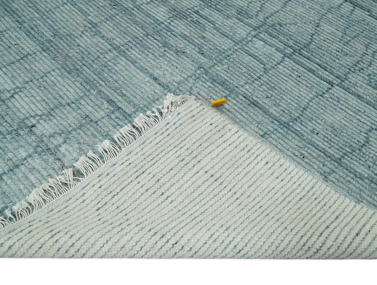 Hand Knotted Silver and Blue Modern Trellis Moroccan Blended Wool Rug.