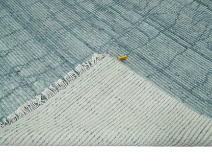 Hand Knotted Silver and Blue Modern Trellis Moroccan Blended Wool Rug.