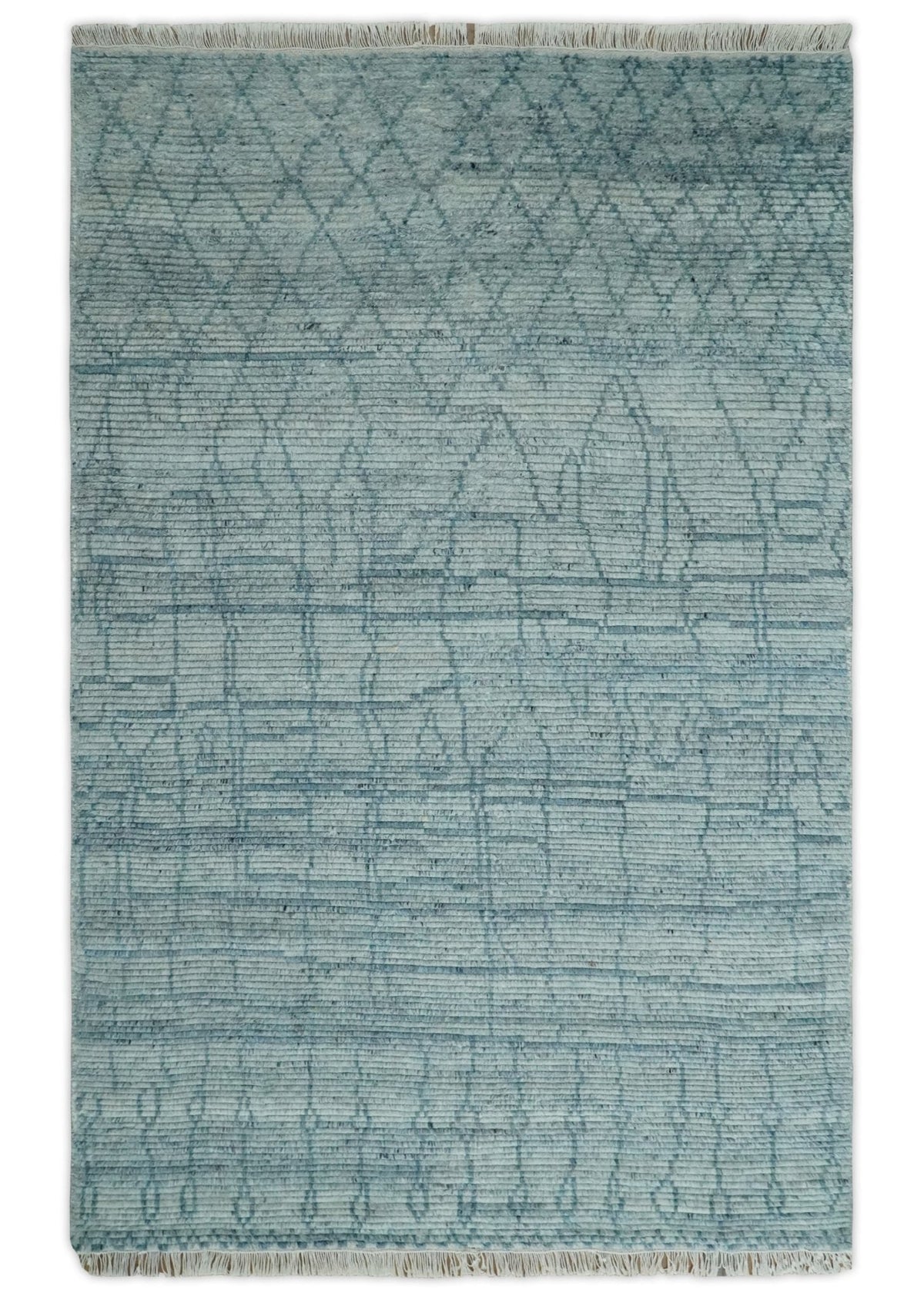 Hand Knotted Silver and Blue Modern Trellis Moroccan Blended Wool Rug.