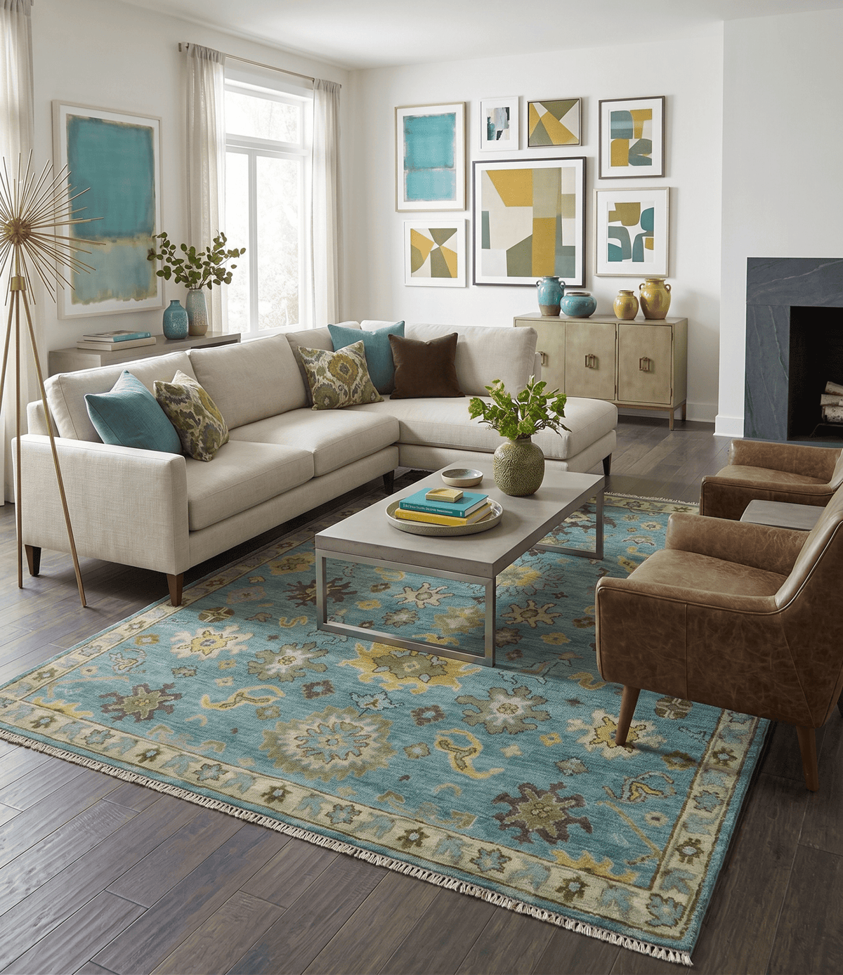Hand Knotted Teal and Gold Traditional Oushak Multi Size Wool Area Rug.