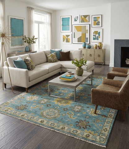 Hand Knotted Teal and Gold Traditional Oushak Multi Size Wool Area Rug.