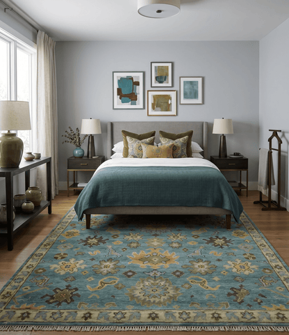 Hand Knotted Teal and Gold Traditional Oushak Multi Size Wool Area Rug.