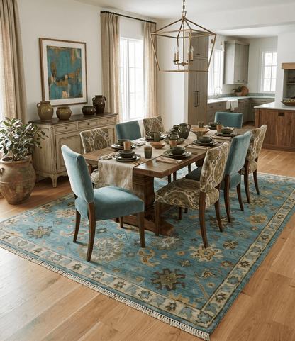 Hand Knotted Teal and Gold Traditional Oushak Multi Size Wool Area Rug.