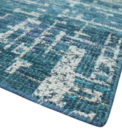Hand Knotted Teal and Ivory Modern Abstract Contemporary Recycled Silk Area Rug.