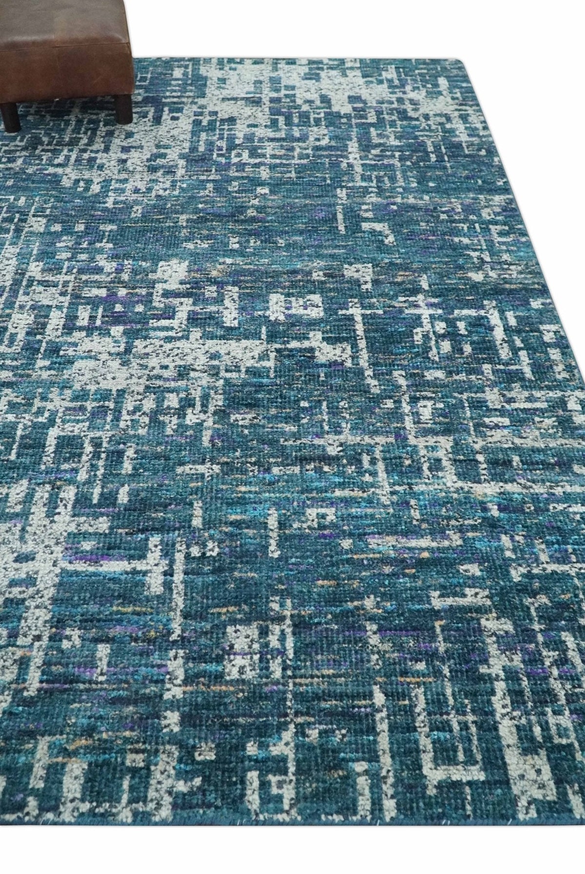 Hand Knotted Teal and Ivory Modern Abstract Contemporary Recycled Silk Area Rug.