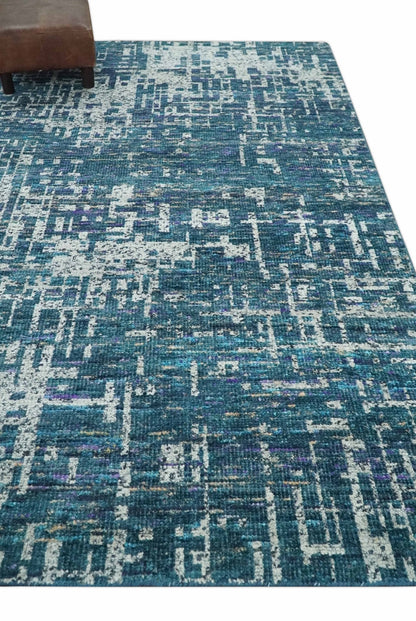 Hand Knotted Teal and Ivory Modern Abstract Contemporary Recycled Silk Area Rug.