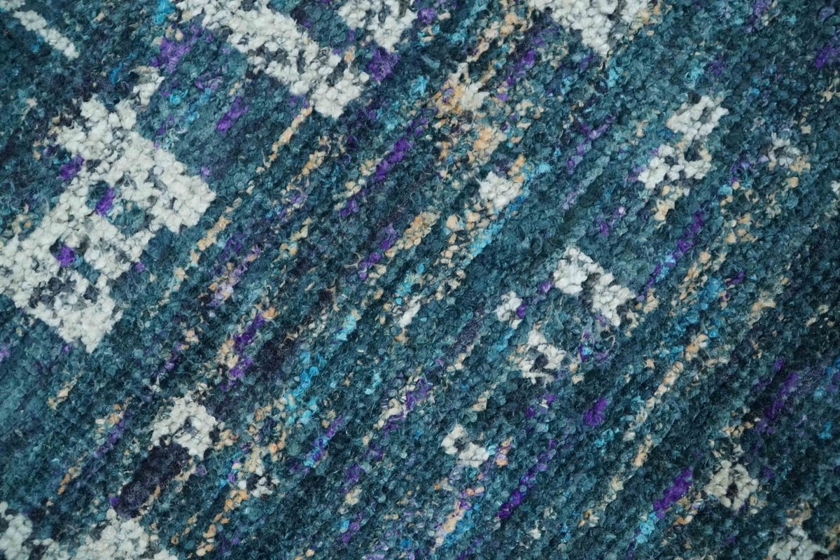 Hand Knotted Teal and Ivory Modern Abstract Contemporary Recycled Silk Area Rug.
