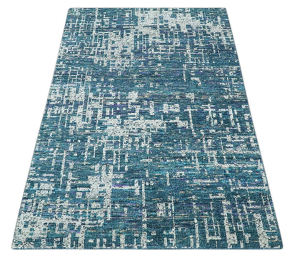 Hand Knotted Teal and Ivory Modern Abstract Contemporary Recycled Silk Area Rug.