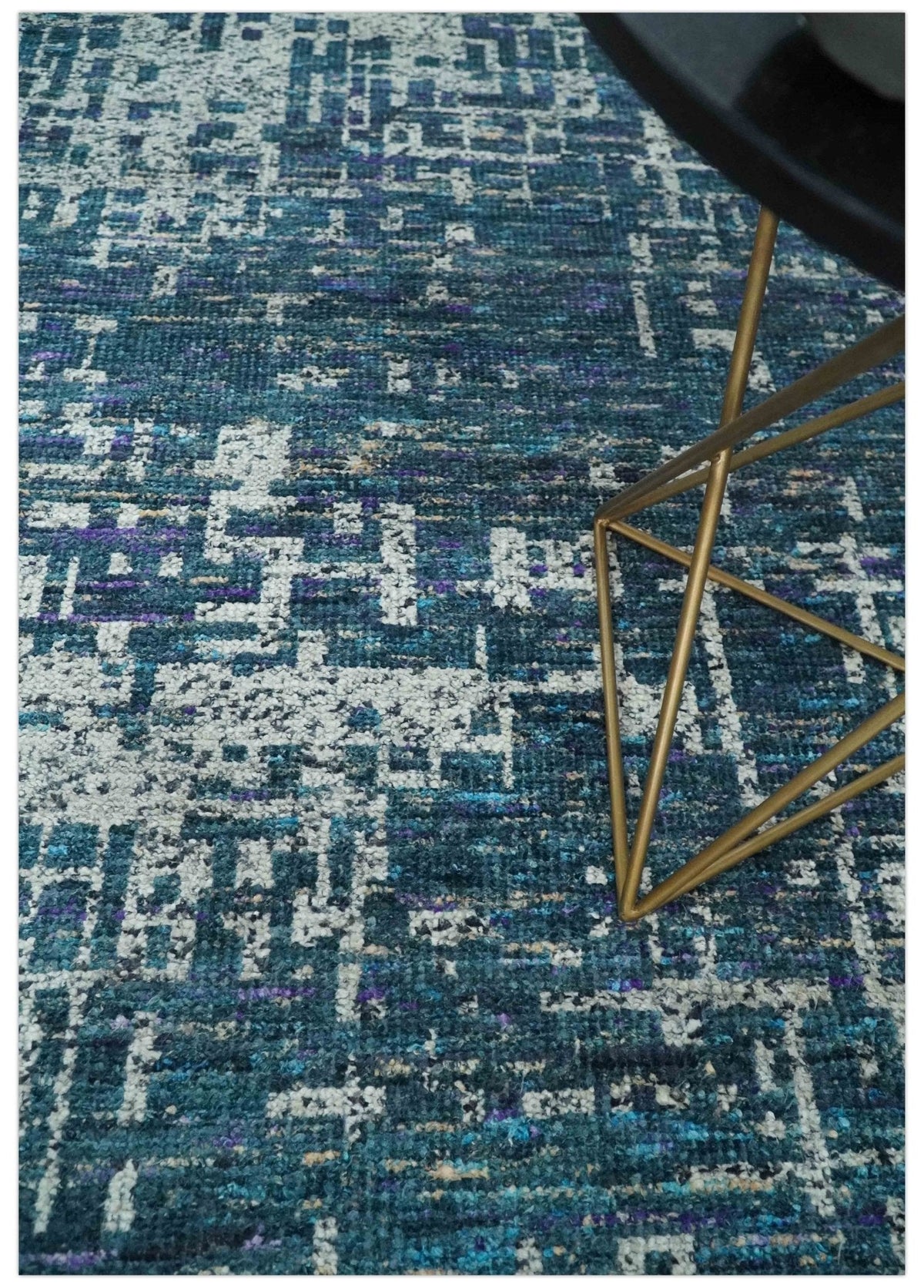 Hand Knotted Teal and Ivory Modern Abstract Contemporary Recycled Silk Area Rug.