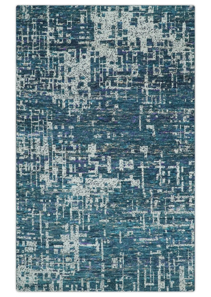 Hand Knotted Teal and Ivory Modern Abstract Contemporary Recycled Silk Area Rug.