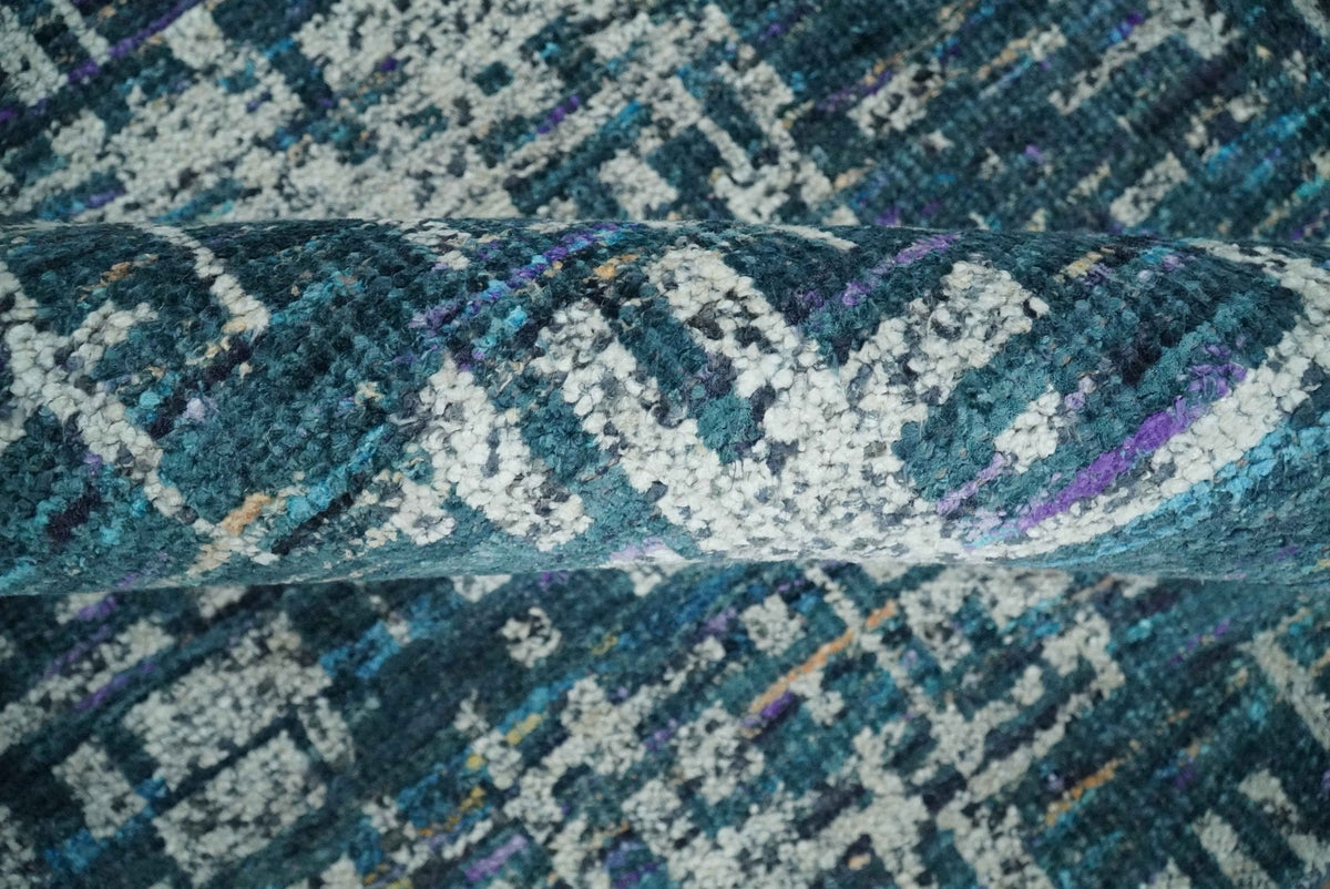 Hand Knotted Teal and Ivory Modern Abstract Contemporary Recycled Silk Area Rug.