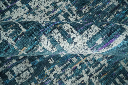 Hand Knotted Teal and Ivory Modern Abstract Contemporary Recycled Silk Area Rug.