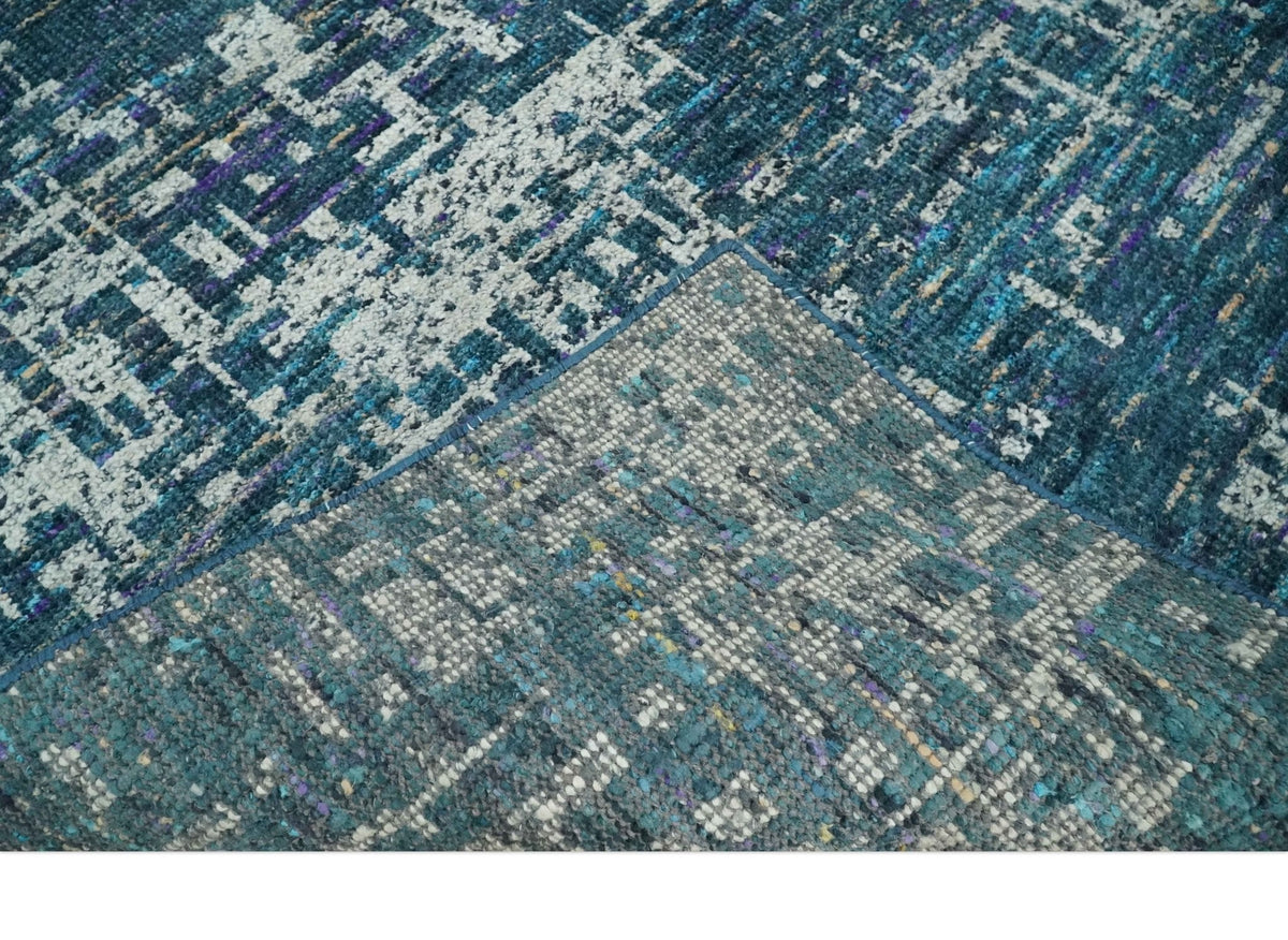Hand Knotted Teal and Ivory Modern Abstract Contemporary Recycled Silk Area Rug.