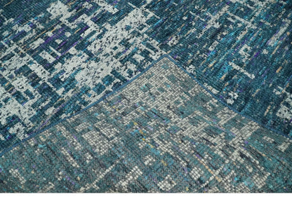 Hand Knotted Teal and Ivory Modern Abstract Contemporary Recycled Silk Area Rug.