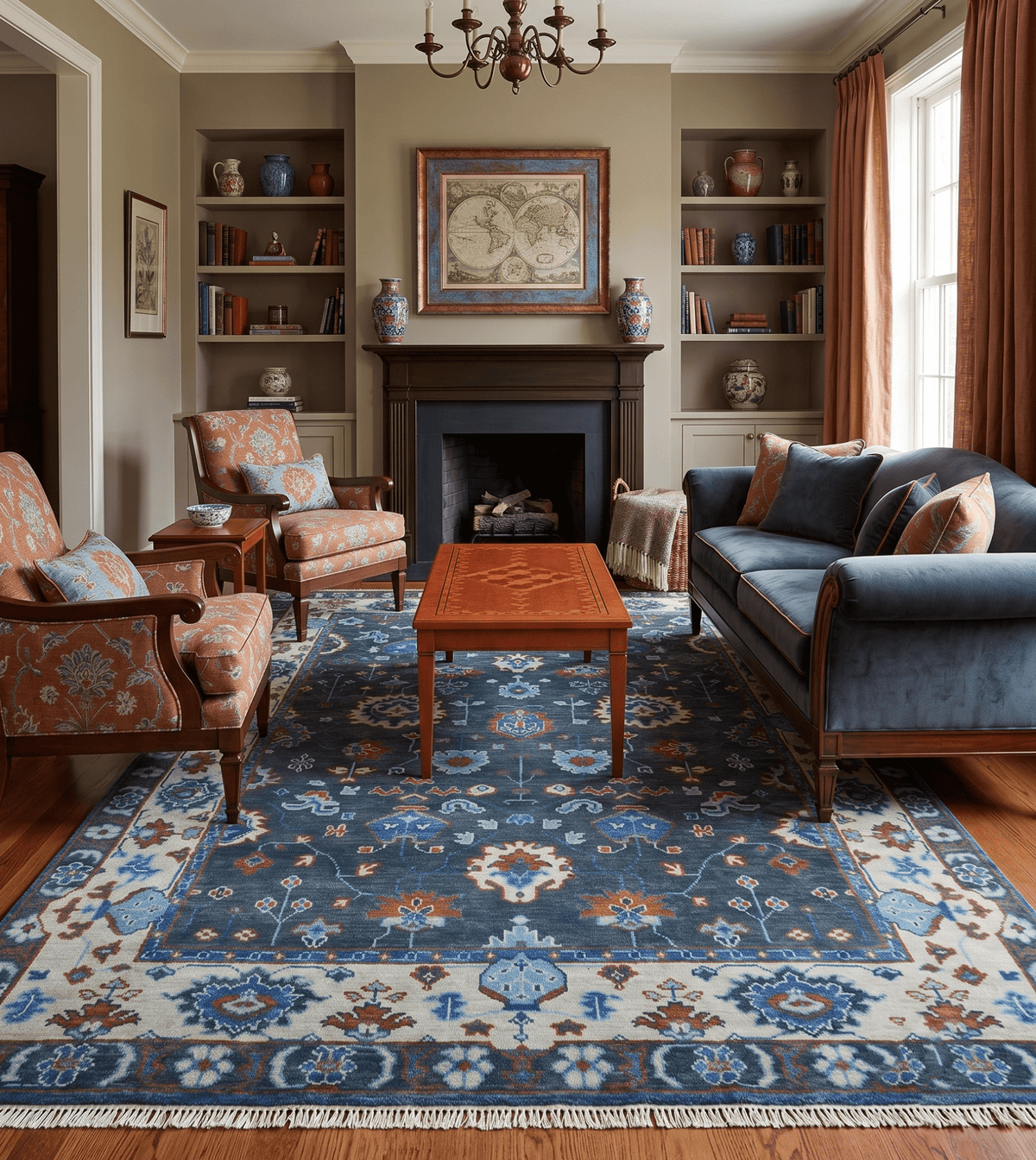 Hand Knotted Teal, Blue and Ivory Traditional Oriental Oushak Wool Area Rug.