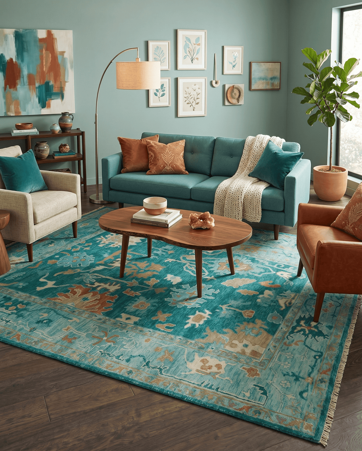 Hand Knotted Teal Traditional Oushak Multi size wool area rug.